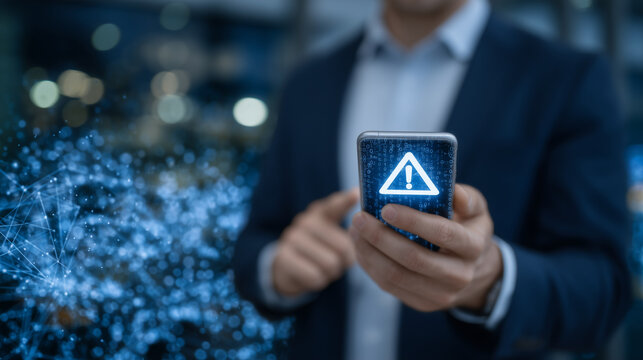 A sharp-dressed businessman holds a smartphone displaying a bright digital warning icon, the screen glowing vividly against a dark background filled with a complex network of glowi