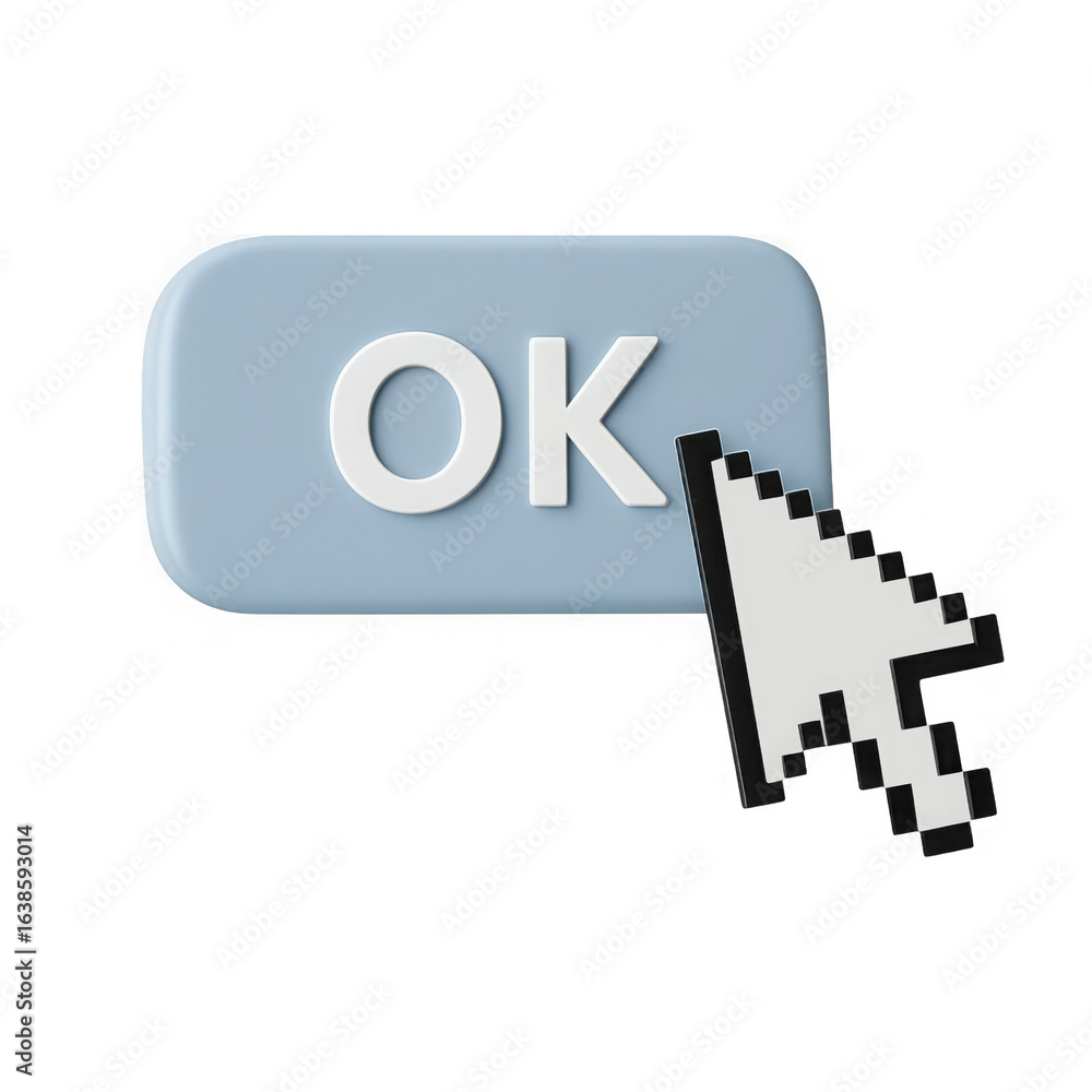 Fototapete 3d rendering of a pixelated computer cursor hovering over a light blue button with the word ok isola