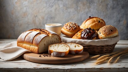Assortment of freshly baked breads and pastries on a rustic table