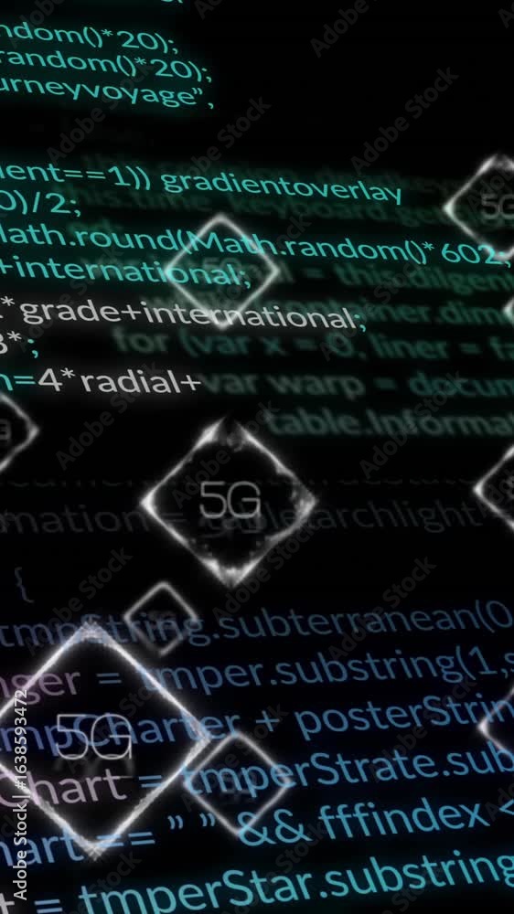 Aufkleber animation of 5g over data processing on black background