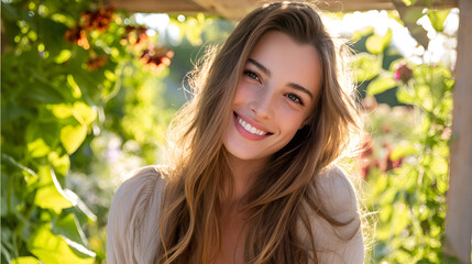 Beautiful smiling woman enjoying sunny day in garden