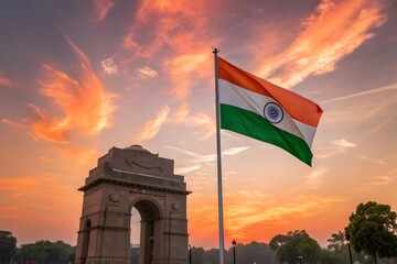 India Gate with Waving National Flag Against Vibrant Sunrise or Sunset Sky
