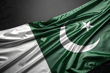 Wavy Pakistan Flag with Crescent Moon, Star, and White Stripe on Green Field