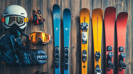 Outdoor and Adventure Sports Skiing/Snowboarding: skis, snowboards, helmets, goggles.