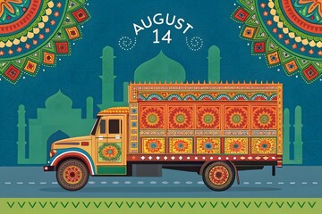 Pakistani Truck Art with Mosque Silhouette and August 14 Text