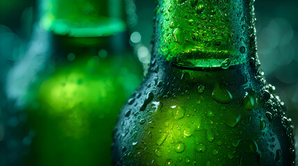 Refreshing beer bottles covered with condensation on dark background
