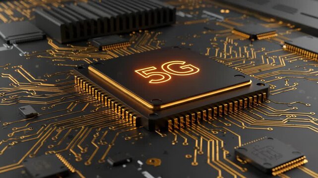 A glowing 5G symbol on a computer chip on a circuit board