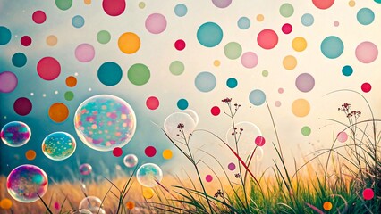 Whimsical colorful bubbles and pastel dots floating over a bright grassy field with wildflowers &ndash; playful, dreamy, and joyful spring background

