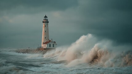 Dramatic Lighthouse on a Rocky Coastline Battling Against a Stormy Ocean