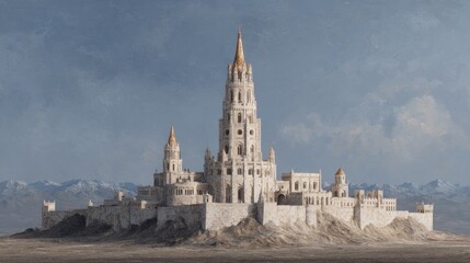 Epic Fantasy Castle on a Mountain Landscape with Snowy Mountains in Background
