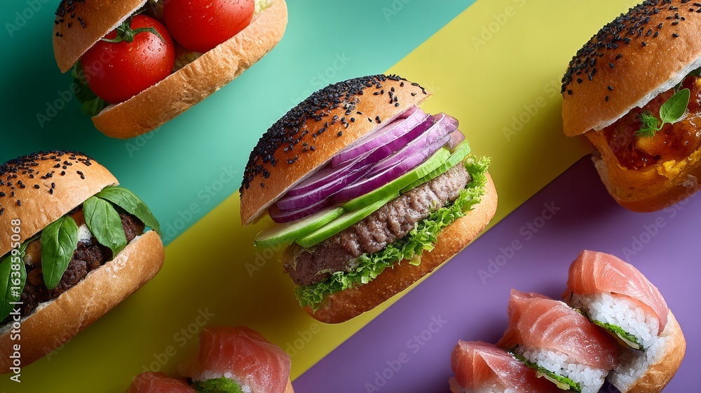 Poster colorful array of sandwiches and sushi, including a hamburger and a tuna roll. the sandwiches are ar