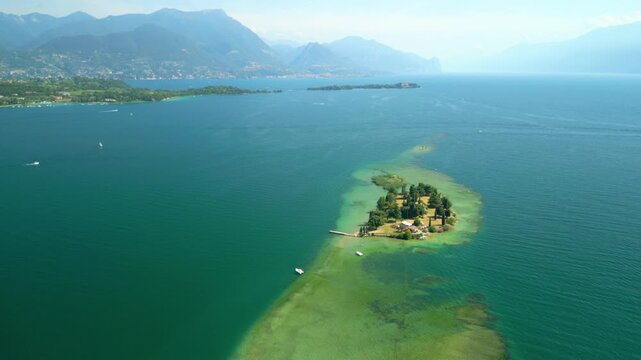 isola de san biagio peninsula aerial view on lake garda, italy