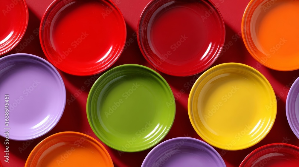Poster row of colorful plates with a red background. the plates are of different colors and sizes. concept 