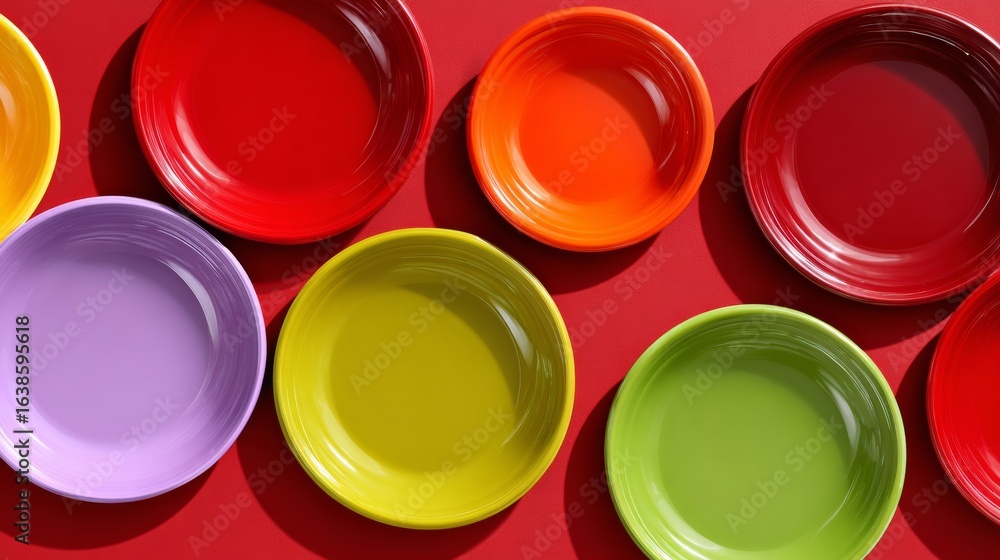 Poster row of colorful plates on a red background. the plates are of different colors and sizes, creating a