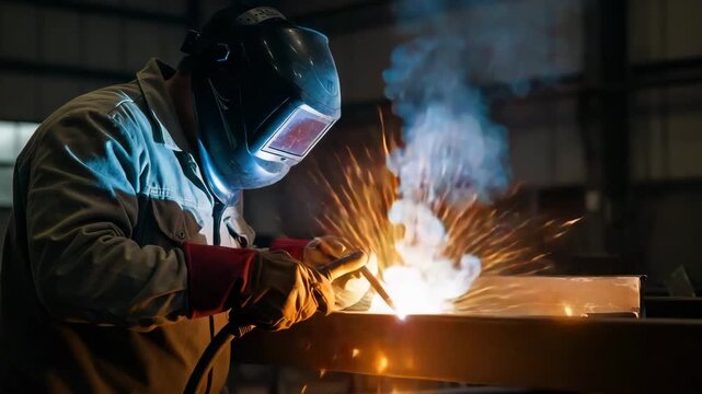 A welder works on a metal surface in an industrial setting