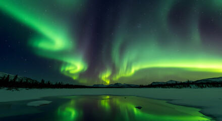 Vibrant green and purple aurora borealis dancing across a starry night sky, reflected in a frozen, still body of water with silhouetted trees in the distance.