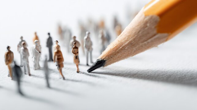 Tiny figures gather as large pencil tip seemingly organizes them