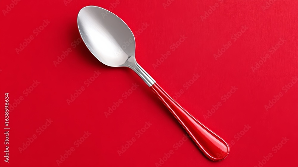 Poster silver spoon with a red handle is placed on a red surface. the spoon is positioned upright, with the