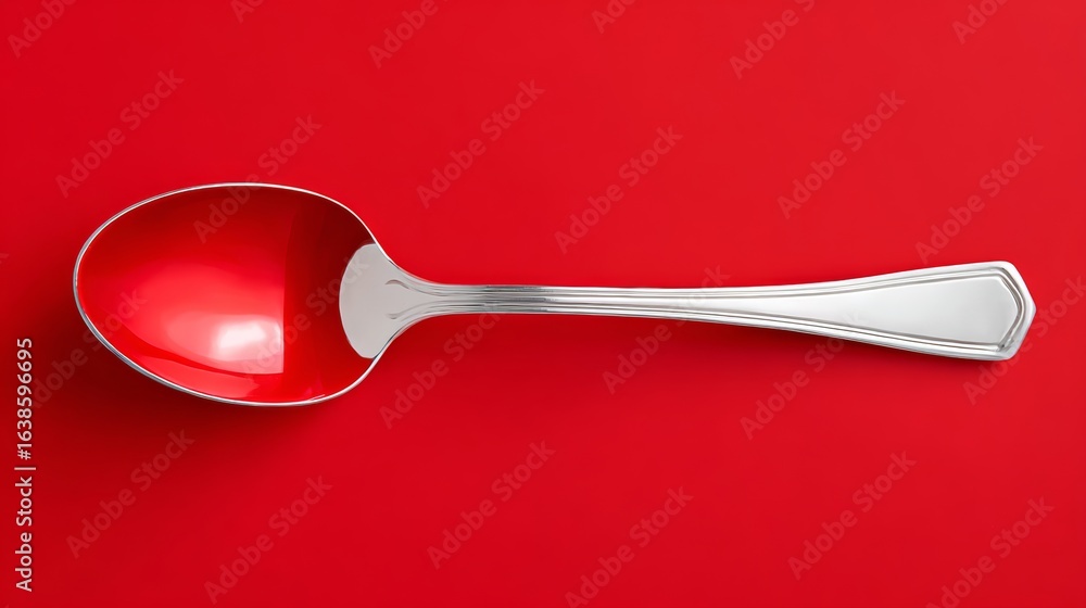 Poster spoon with a red handle is sitting on a red background. the spoon is half full of a red substance, w