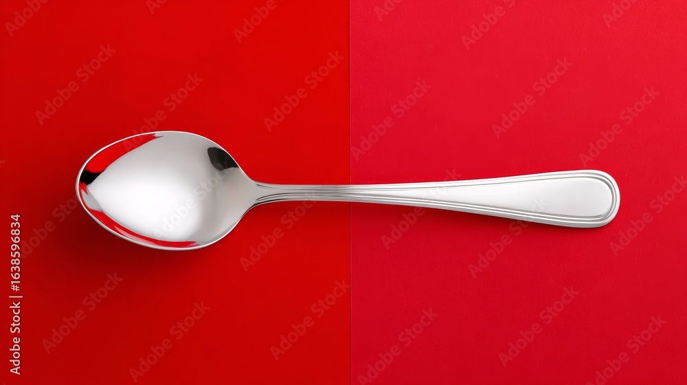 Poster spoon is shown on a red background. the spoon is silver and has a shiny appearance. the red backgrou