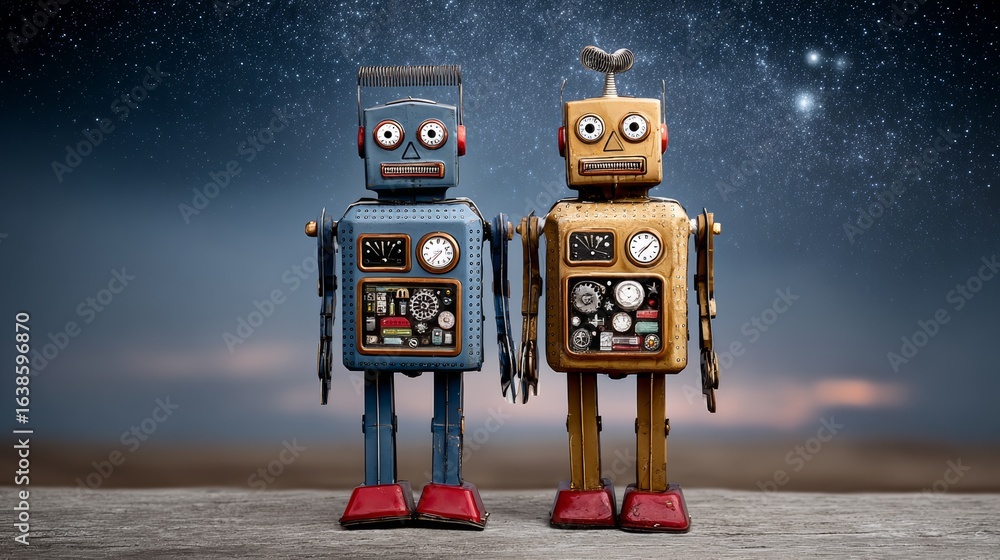 Aufkleber two robots standing next to each other in the dark. the robots are made of metal and have a creepy a