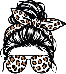 Messy Bun Hairstyle with Leopard Print Bandana and Sunglasses &ndash; Black and White Modern Graphic Illustration