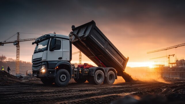 A dump truck unloads soil on a construction site during a beautiful sunset.