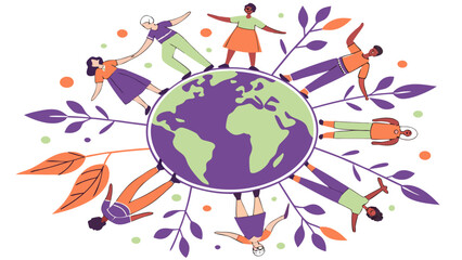 Naklejka premium Diverse people holding hands around the world in solidarity