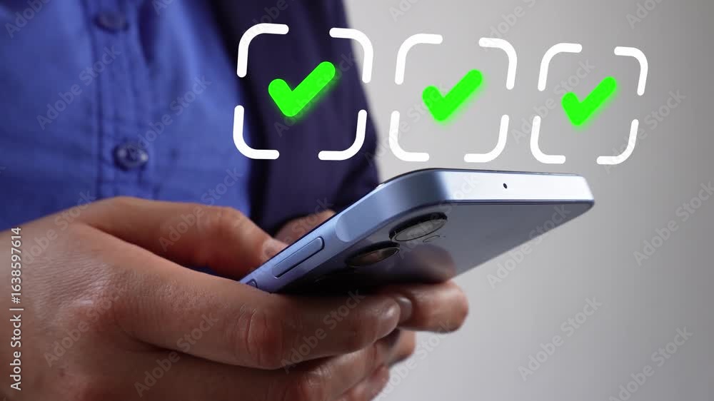 Poster goal achievement and quality control. close-up of business people's hands on a smartphone with an an