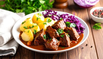 Beef Stew with Potatoes, and Red Cabbage.