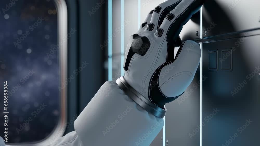 Aufkleber astronaut hand pressing button inside spaceship looking at starry space window with future technolog