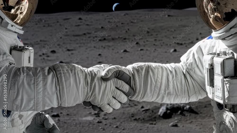Poster two astronauts in spacesuits shaking hands on the moon surface with the earth in the background. spa