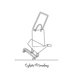 One continuous line drawing of Cyber Monday vector illustration. Cyber Monday themes design concept in simple linear continuous line. Great  vector design for business and finance campaign.