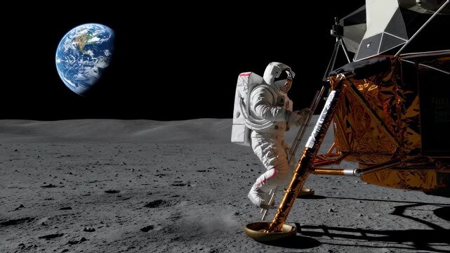 Astronaut man climbing down lunar lander ladder onto moon surface with earth visible in dark space footage.