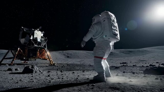Astronaut walking on the moon near a lunar lander for space exploration and scientific discovery footage.