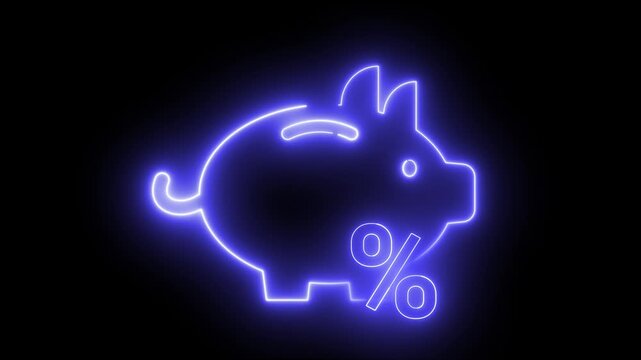 Neon light effect animation of a piggy bank with a percentage sign