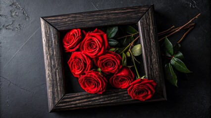 Red roses arranged in dark wooden frame on black background symbolizing romance, love, floral beauty, elegance, decoration, nature and artistic design

