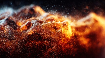 A stunning abstract macro of a fluid filled with bubbles, golden light, and particles.