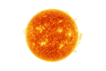 Vibrant, detailed view of the Sun's fiery surface, showcasing solar flares and plasma activity against a dark void.
