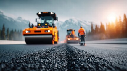 Road construction in progress with asphalt paving machines and workers in scenic mountain environment.