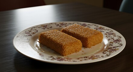 A ceramic plate of hurma&scaron;ica with syrup on a restaurant table