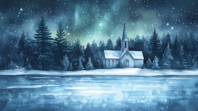 Watercolor winter landscape with a frozen lake, pine forest covered with snow, a church in the distance with a starry sky, barely noticeable northern lights, unearthly Christmas mood - Powered by Adobe