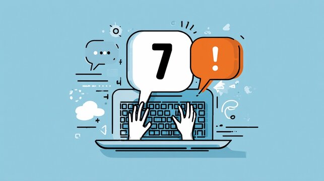 User Typing "7" and Exclamation Point on Laptop, Representing Number and Alert