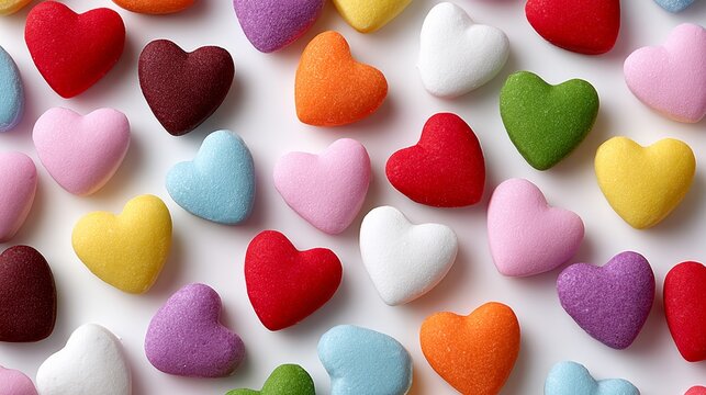 Bunch of colorful hearts are scattered across a white background. The hearts come in a variety of colors, including red, pink, blue, green, and yellow. Concept of joy and celebration
