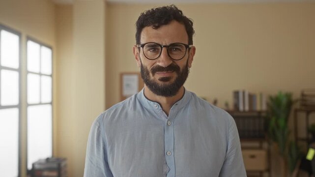 Hispanic man with beard wearing glasses in an office setting, posed confidently against a backdrop of bookshelves and natural light from large windows.