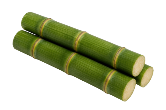 Fresh Green Sugarcane Stalks with Visible Nodes and Natural Texture, Isolated on Black