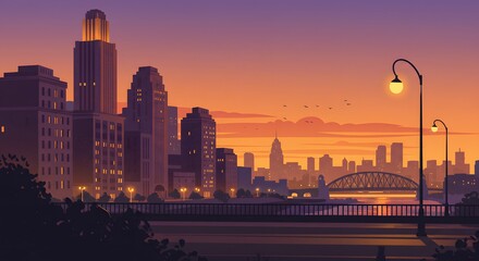 Fototapeta premium City skyline at sunset with buildings bridge and streetlights casting a warm glow over the scene