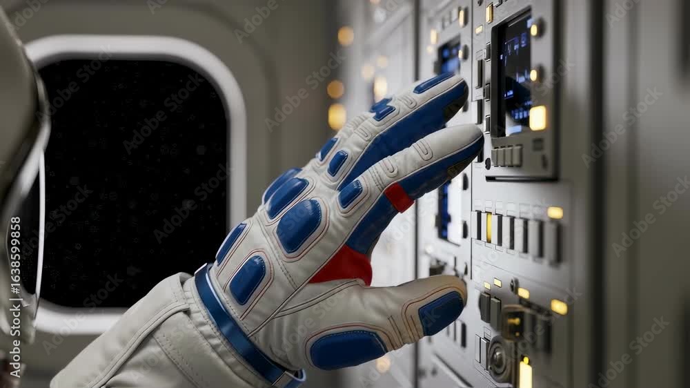 Poster astronaut hand pressing button with illuminated control panel inside spacecraft looking at space. fu