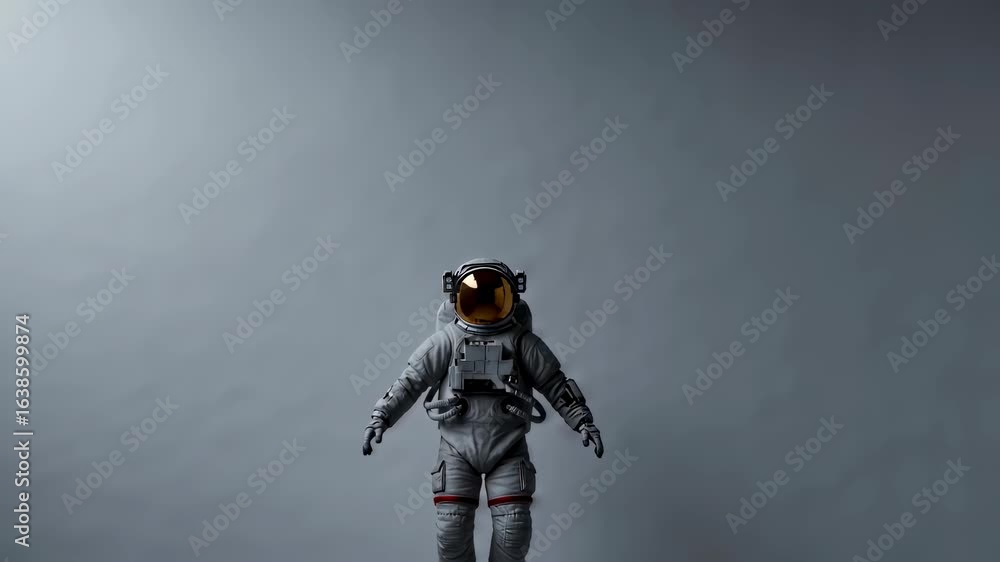 Poster astronaut or cosmonaut toy floating in space simulation. space suit with golden helmet. universe and