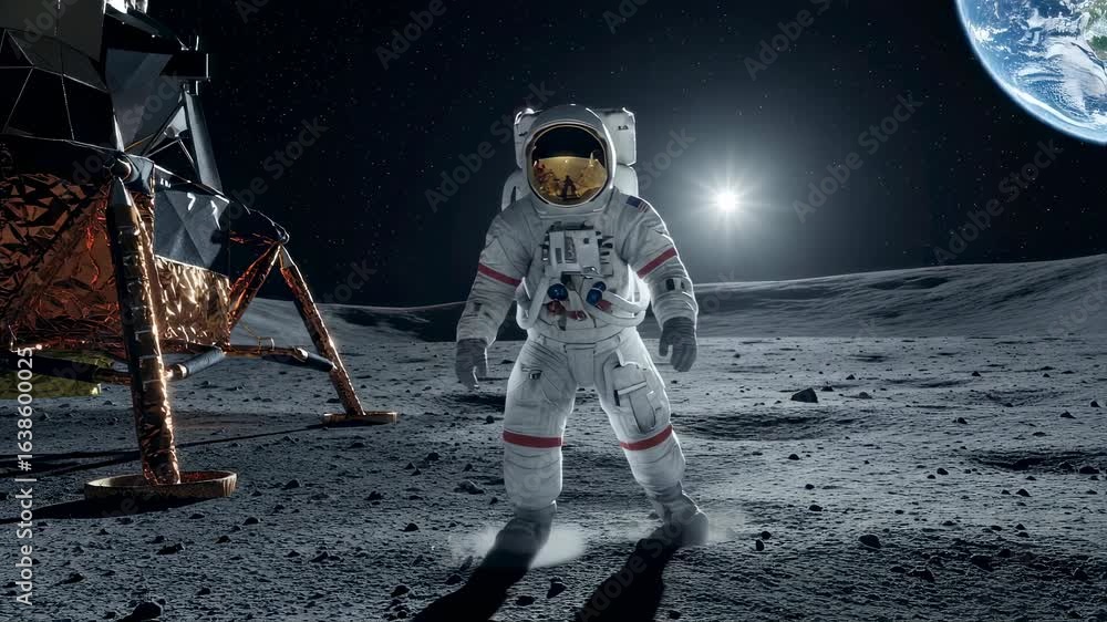 Poster man astronaut exploring the moon surface near lunar lander with earth in space exploration concept f